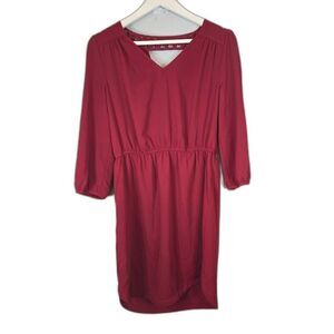 Skies Are Blue Anthropologie Women's Maroon V-Neck 3/4 Sleeve Mini Dress Size 8